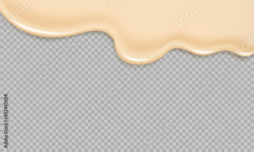 Flowing realistic liquid mayonnaise on transparent background.Spreading cheese, cream, milk, cream or yogurt.