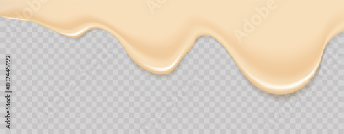 Flowing realistic liquid mayonnaise on transparent background.Spreading cheese, cream, milk, cream or yogurt.