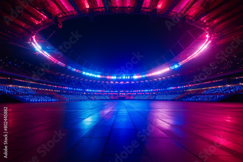 Panoramic shot of scene is stadium surrounded by cheering with a bustling crowd   Hyperrealistic  style photography .bright color lighting  