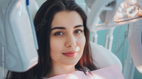 Young woman portrait having panoramic digital X-ray of her teeth with a middle age doctor in the dental office.