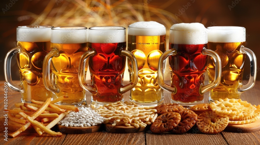 craft beer with a tantalizing array of various types served in glasses, atop a rustic wooden board adorned with salted nuts and pretzels. craft beer with a tantalizing array of various types served in glasses, atop a rustic wooden board adorned with salted nuts and pretzels.