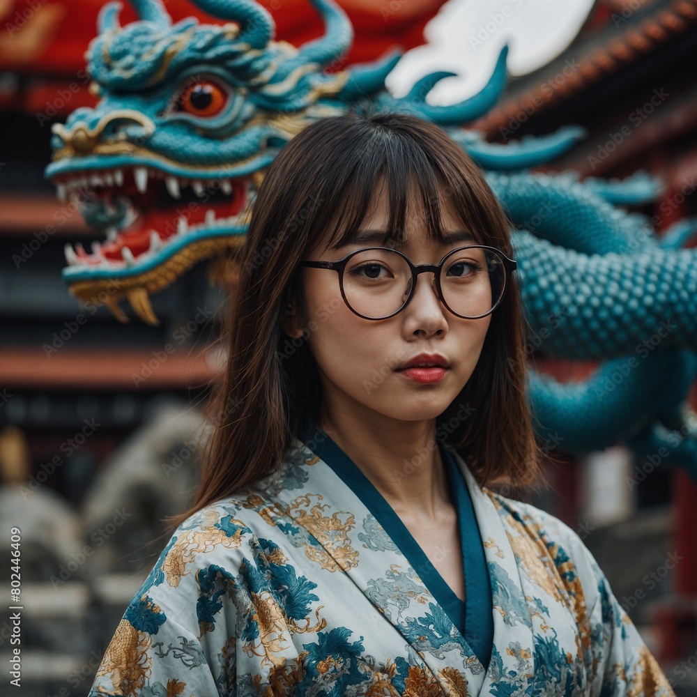 Woman, stands in front of vibrant, intricately designed dragon statue that part of architectural structure. This person adorned in traditional garment.