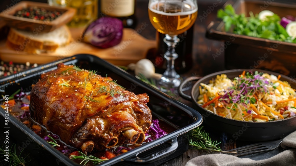 Roast pork knuckle or shank baked with stewed cabbage in baking tray with beer.