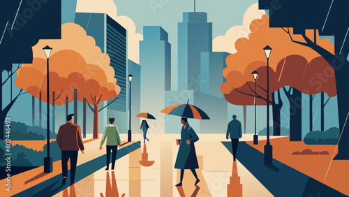 Urban Autumn Stroll: City Park with Colorful Trees and Pedestrians