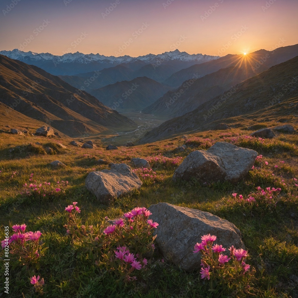 Breathtaking sunrise illuminates serene mountain landscape, casting warm glow on pink flowers, rugged rocks scattered across grassy terrain. Valley below nestled between towering peaks.