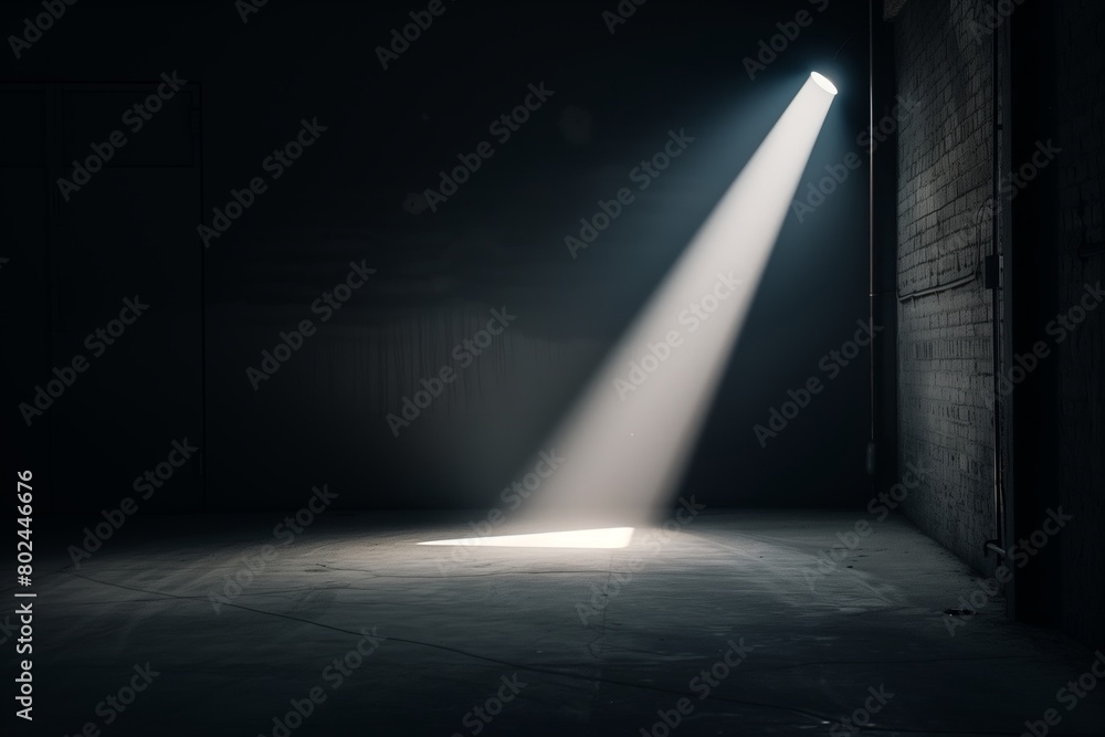 A pitch black room with a single beam of warm light from a spotlight A pitch black room with a single beam of warm light from a spotlight