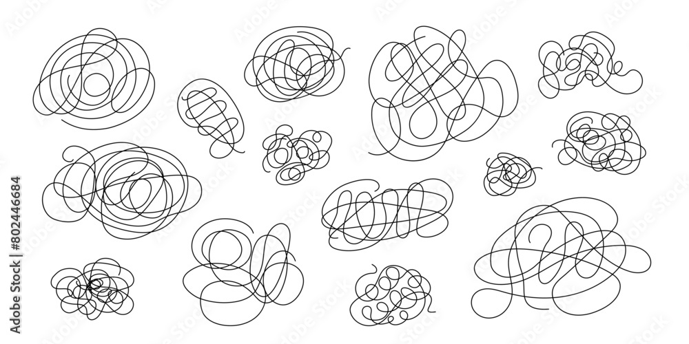 Tangled lines set simple doodle outline hand drawn vector illustration, abstract thin anime scribble element, concept of mental disorder, confusion, linear icon Tangled lines set simple doodle outline hand drawn vector illustration, abstract thin anime scribble element, concept of mental disorder, confusion, linear icon