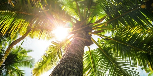Tranquil Tropical Paradise: Serene Palm Tree Scene. Sunlight gently filters through the dense foliage of a towering © ERiK