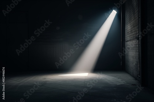 A pitch black room with a single beam of warm light from a spotlight