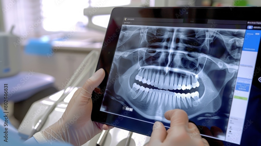 Obraz premium Dental consultation in clinic. Dentist showing teeth x-ray on digital tablet screen. 3D tomography technology.
