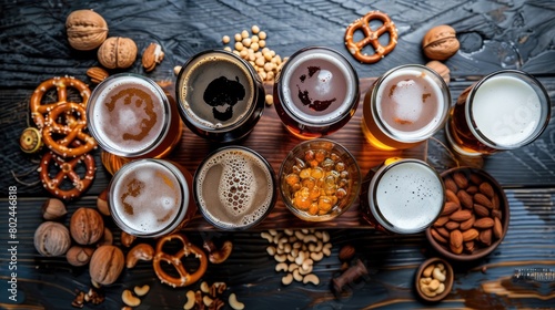 craft beer with a tantalizing array of various types served in glasses, atop a rustic wooden board adorned with salted nuts and pretzels. photo