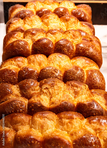 Traditional Jewish bread challah braided brioche bread in bakery