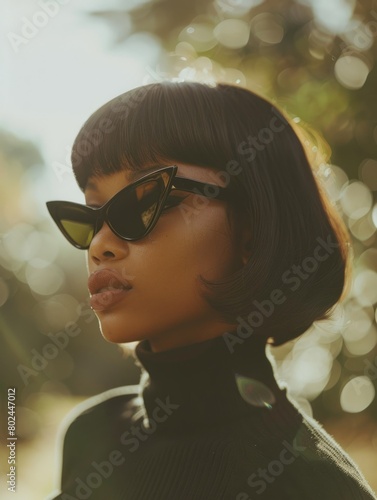 Teen Black Woman with Brown Straight Hair vintage Illustration.