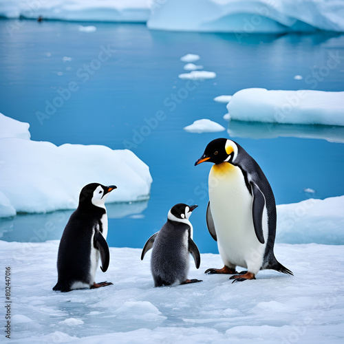 cute penguin family on an ice floe in the ocean