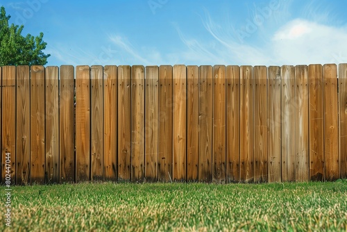 Wooden fence in the backyard and lawn.