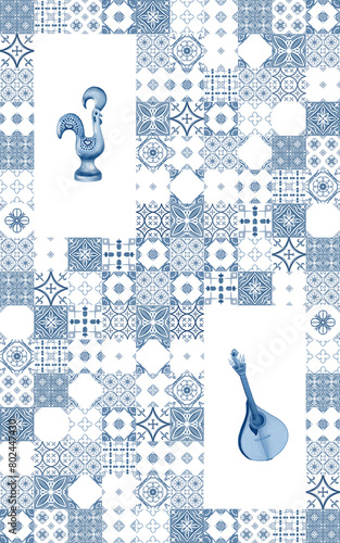Tableau sur toile Seamless pattern with azulejo traditional portuguese ornament and simbols in watercolor