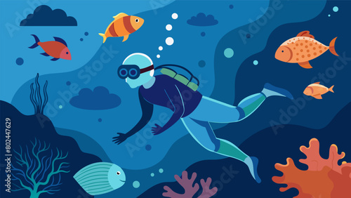 A neurodivergent biologist diving into the depths of the ocean to study unique marine life their fascination for the natural world propelling them. Vector illustration