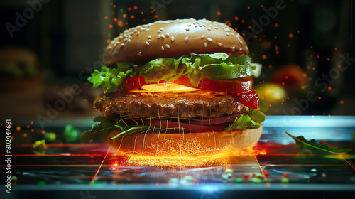 Hamburger innovation synthetic, Food technology, Hyperrealistic visualization of labgrown meat hamburger, Future of dining photo
