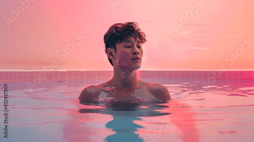 portrait of white  person in pink soapy pool, concept art photo