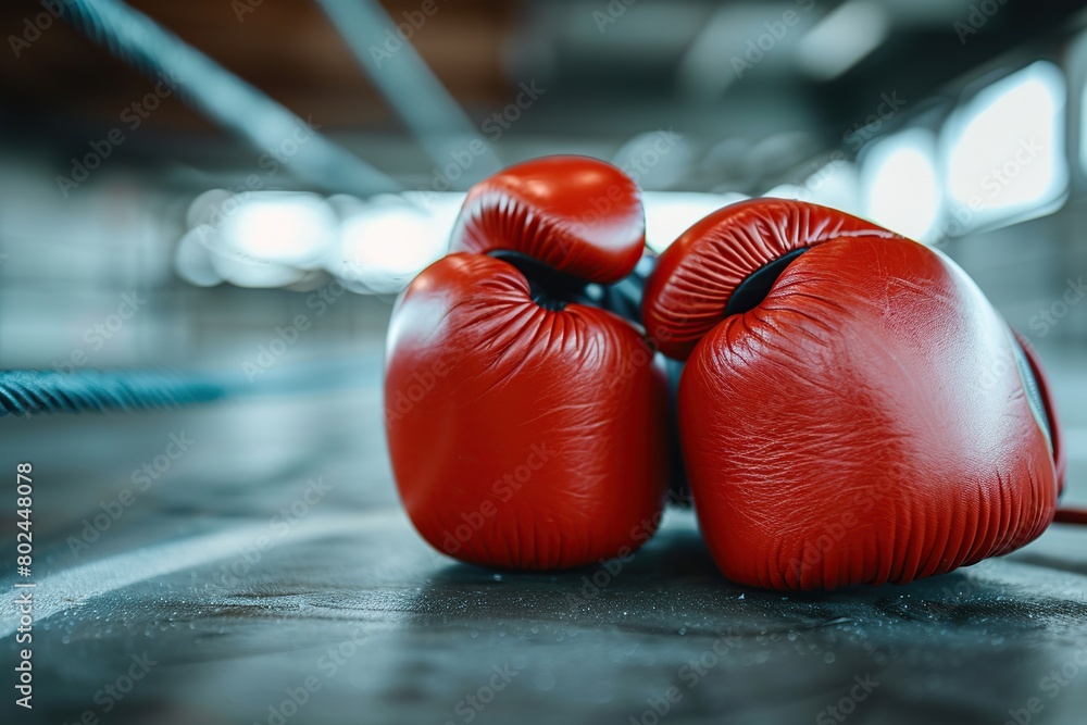 Pair of red leather boxing gloves on boxing ring
