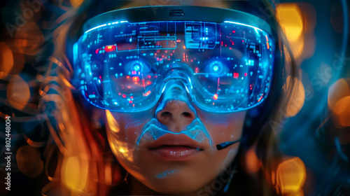 Beautiful futuristic woman wearing virtual reality glasses