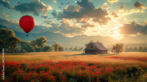 Rural idyll: sunrise over a picturesque farm photo