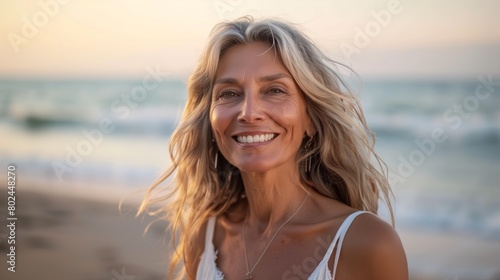 Smiling beautiful caucasian senior mature woman posing at the beach looking at camera