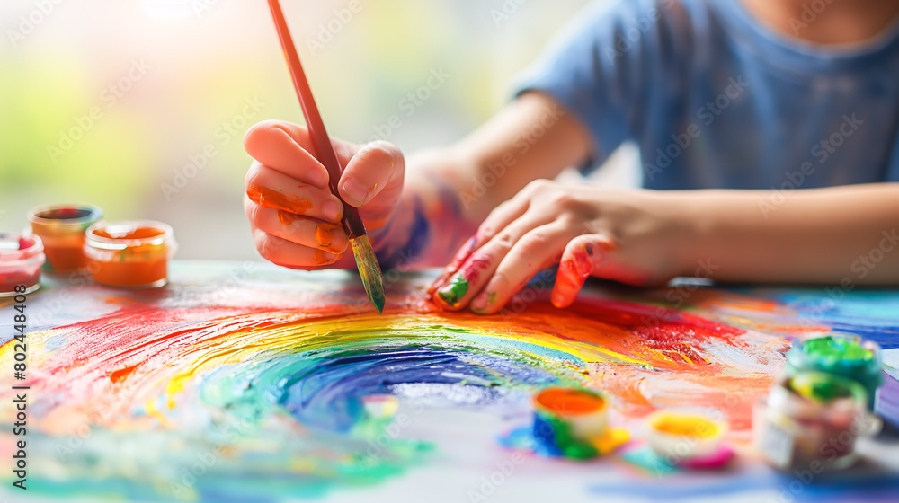 Naklejka premium A child drawing rainbow paint on paper, Creative kid playing and studying, Education, Learning, Knowledge, Creative 