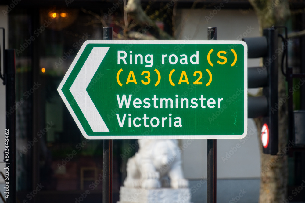Fototapeta premium Transportation in London city, roads, road signes, street signes, warnings, indicating of directions in Great Britain, city life in England