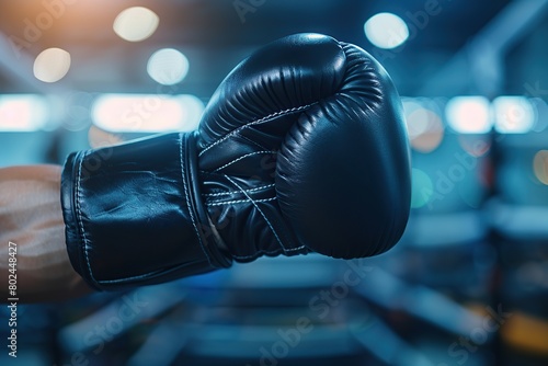 Leather boxing glove on boxer hand on blurred gym background
