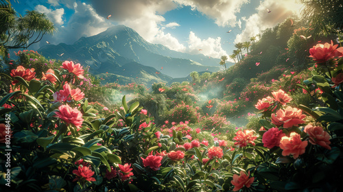 Paradise view: jungle environment with colorful birds and exotic flowers photo