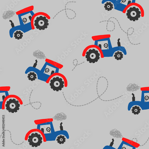 Seamless pattern with tractor on gray background . Background for blue tractor for pajama  stationery  textile  fabric  t-shirt and other designs.