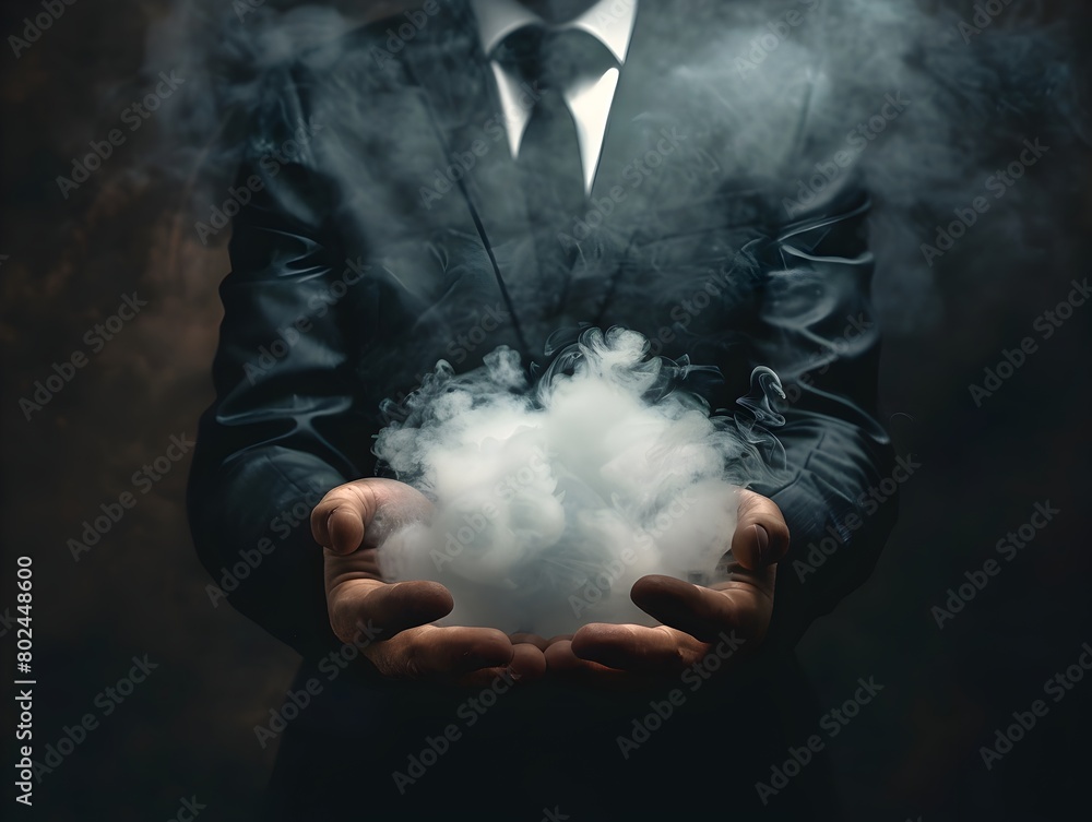 Businessman holding clouds of smoke in his hands against a dark background. The painting is in the style