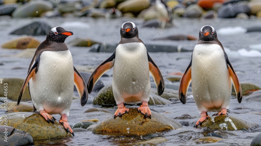Fototapeta premium Gentoo penguins stand on rocks in Antarctic Peninsula. High quality photo