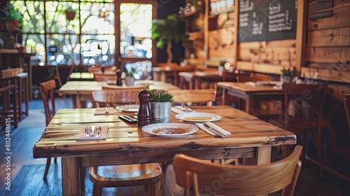 a dark wooden wall backdrop, an empty table set with plates and cutlery, wooden chairs, and blurred dining tables in the soft-focus background.