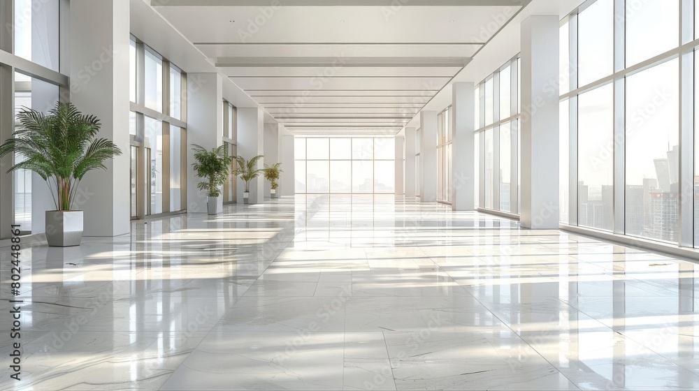 Blank expansive hall in a corporate building, featuring a simple design with a focus on openness and versatility