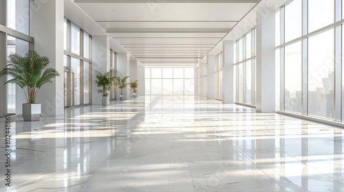 Blank expansive hall in a corporate building  featuring a simple design with a focus on openness and versatility