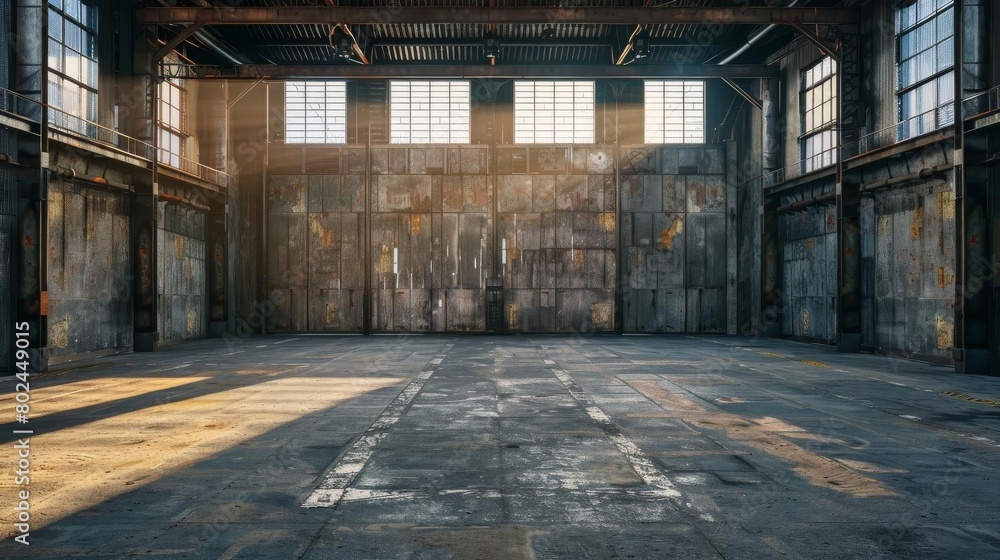Abandoned warehouse with rustic walls and vast space, suitable for urban exploration or dramatic backdrop settings