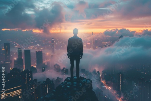 A confident businessman standing at the peak of a skyscraper, overlooking the city skyline, symbolizing ultimate success
