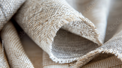 Close-up of textured fabric with intricate woven patterns and frayed edges, highlighting the detailed craftsmanship of natural fibers.