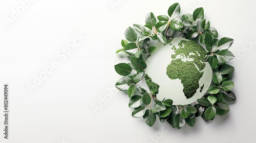 a stylized representation of the Earth, made of moss, encircled by lush green leaves. White background, copy space.