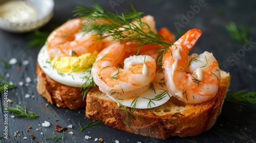 Traditional Scandinavian shrimp toast (toast Skagen) with dill, egg and mayonnaise photo