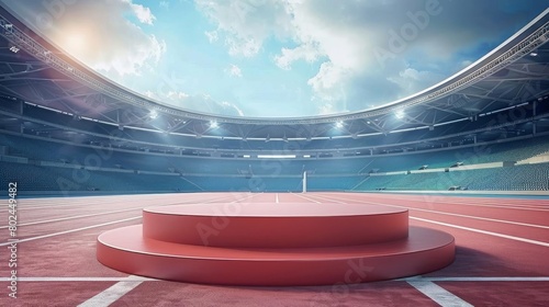 Sporty podium in a stadium background, ideal for athletic gear and sports equipment presentations