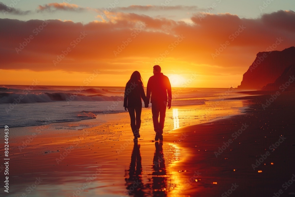 Fototapeta premium Couple walking hand in hand along the beach, each set against vibrant and picturesque sunset backdrops