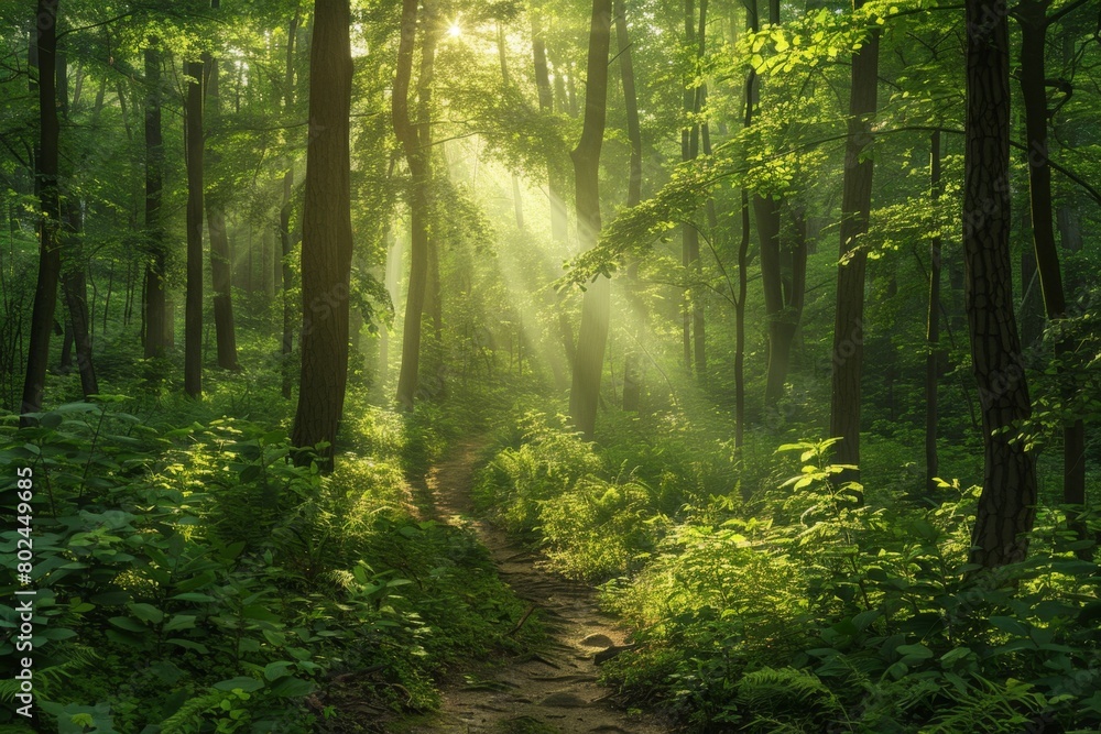 Obraz premium Ethereal early morning view of a fog-covered lake surrounded by dense forest and light filtering through the trees, creating a serene atmosphere.