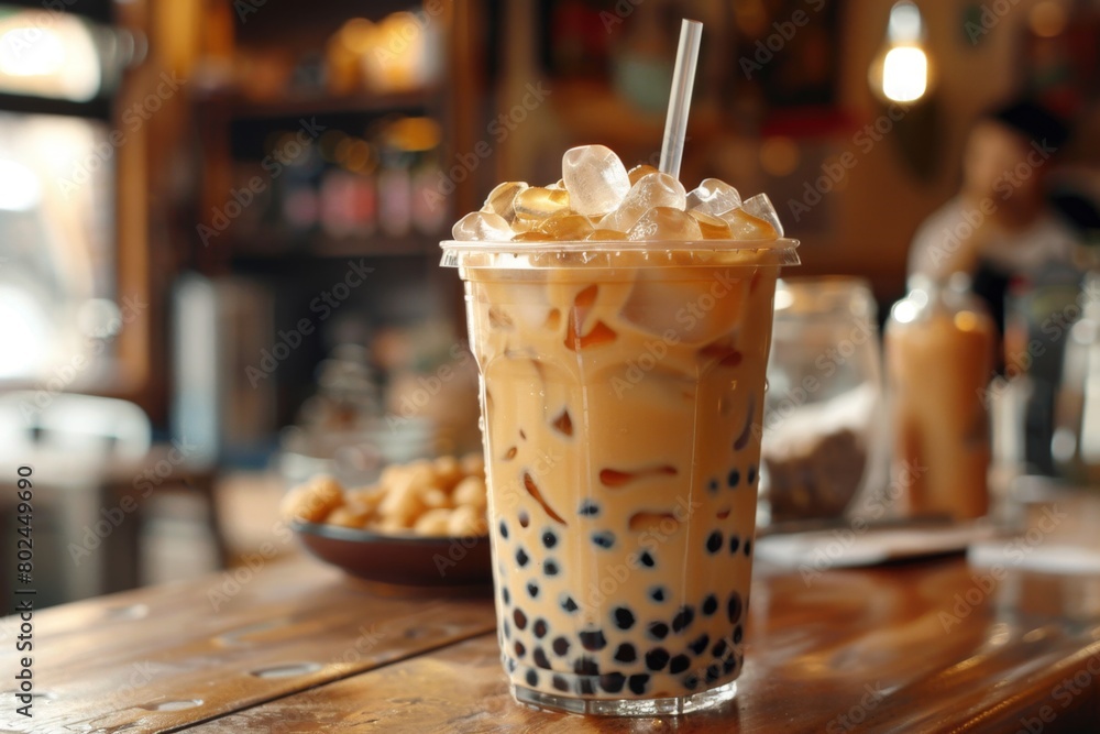 A refreshing glass of iced bubble tea, filled with dark tapioca pearls, captured in a cozy cafe setting with ambient lighting A refreshing glass of iced bubble tea, filled with dark tapioca pearls, captured in a cozy cafe setting with ambient lighting
