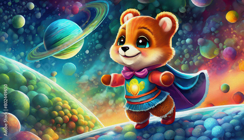 oil painting style CARTOON CHARACTER CUTE baby bear super hero, space and planets with cosmos star galaxy dust © stefanelo