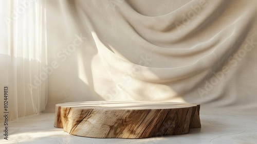 Simple wooden podium in a soft natural light setting, ideal for ecofriendly products and organic materials photo