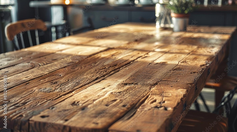 Rustic wooden dining table with textured surface and expansive copy space, ideal for showcasing culinary products and tableware Rustic wooden dining table with textured surface and expansive copy space, ideal for showcasing culinary products and tableware