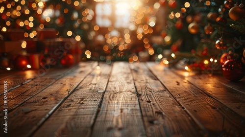 Shiny wooden table in a festive setting, with decorations around the edges and a clear center for holiday product promotions